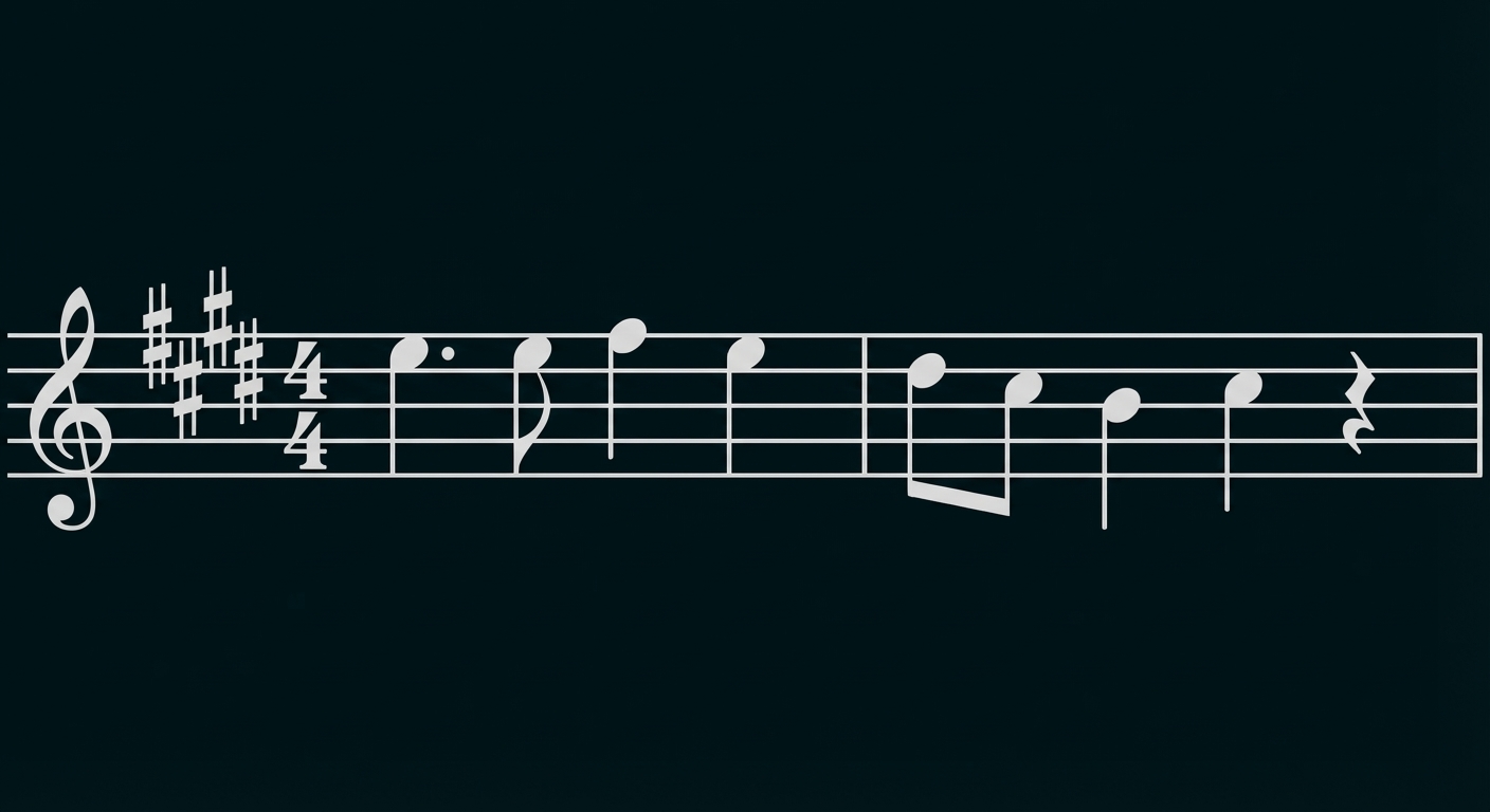 Notenblatt mit Violinschlüssel, vier Kreuze, 4/4 Takt und einer kurzen Melodielinie aus Viertel- und Achtelnoten